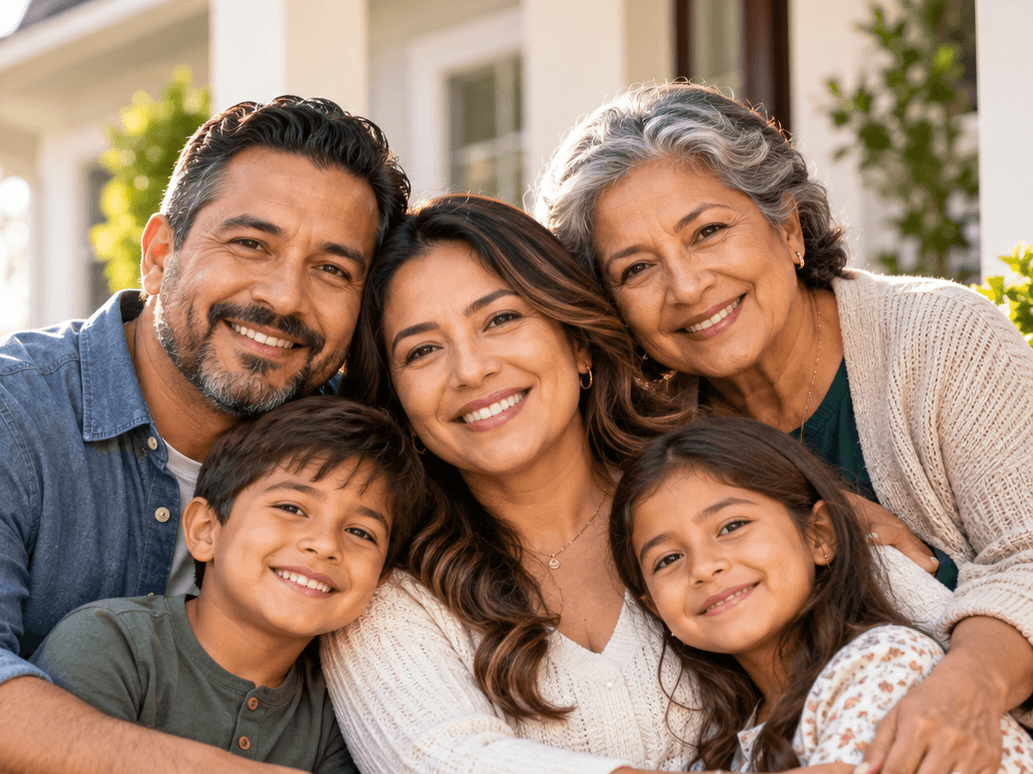Familia latina de tres generaciones abrazada y sonriendo frente a su casa